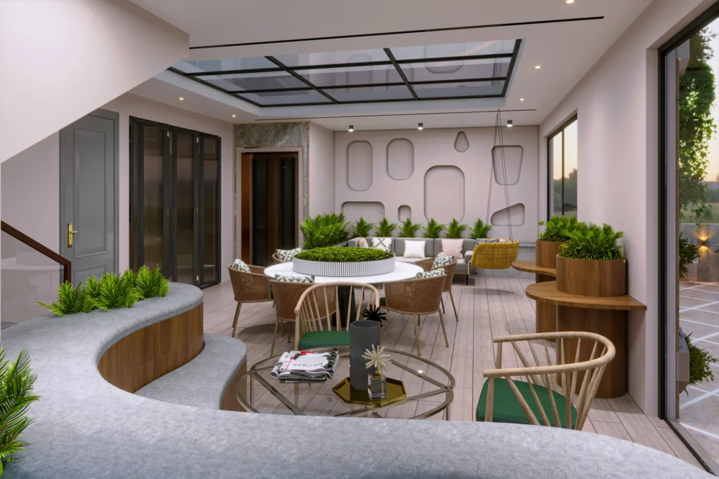 Sustainable architecture inspired indoor outdoor terrace lounge with skylight and greenery designed by Amartya Architects