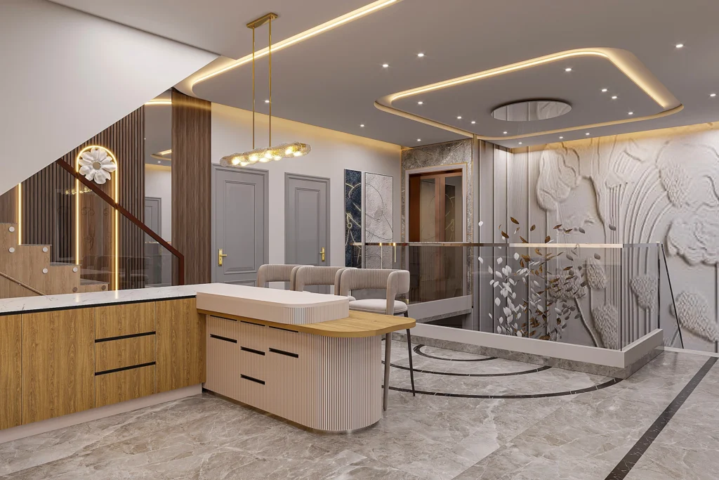 Luxury residential interior with open kitchen and staircase designed by Amartya Architects, house architects