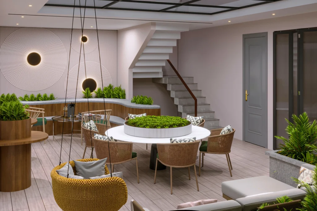 Contemporary terrace lounge with green planters designed by Amartya Architects, house architects