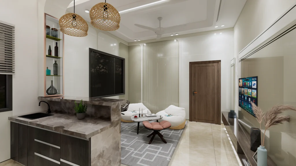 Modern living room interior with bar counter designed by commercial interior architects showcasing contemporary architecture and design