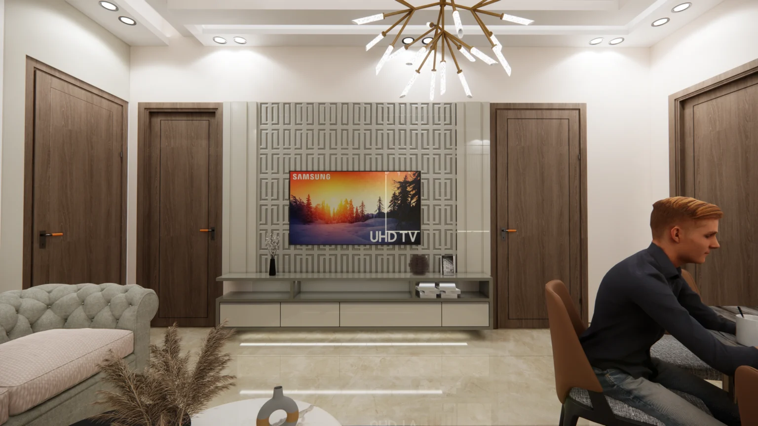 Modern living room interior designed by residential architects in delhi offering architectural design services near me and architecture and interior design firm solutions