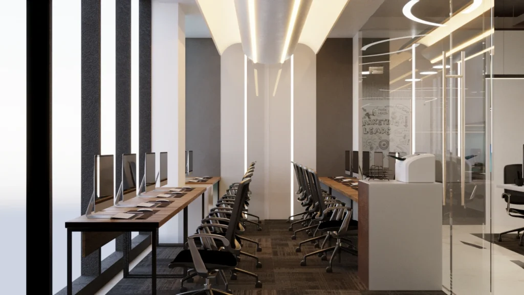 Contemporary editorial workspace design with linear workstations, modern lighting, and glass partitions by Amartya Architects for efficient office interiors.