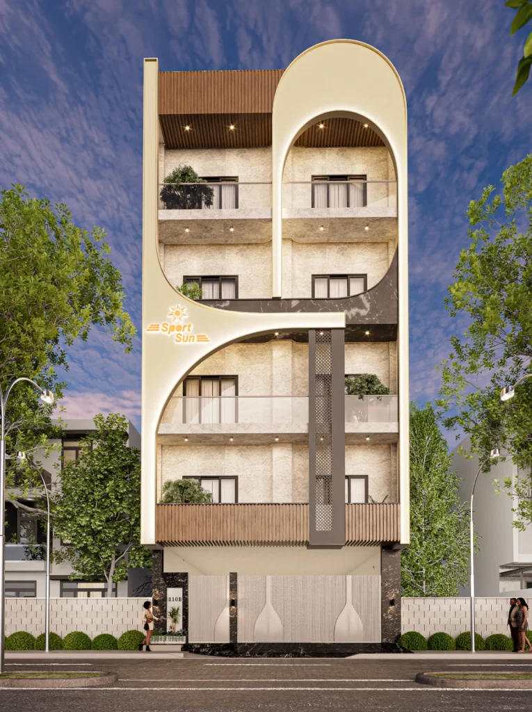 Contemporary commercial building elevation with curved architectural form, balconies, and premium finishes, designed by Amartya Architects for a modern office.