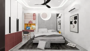 Stylish modern bedroom with study nook, panelled headboard wall and wardrobe designed for smart residential interior living