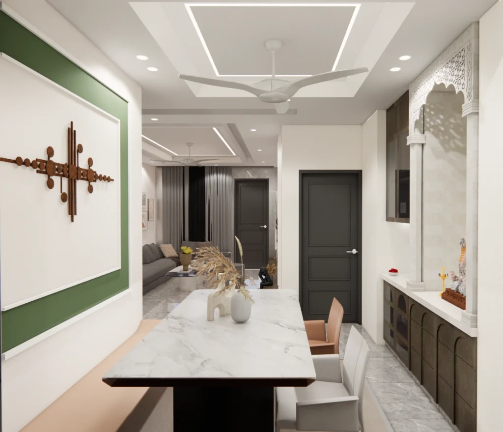 Modern dining area with marble table, wall panel art and pooja niche designed in elegant residential interior by home architects