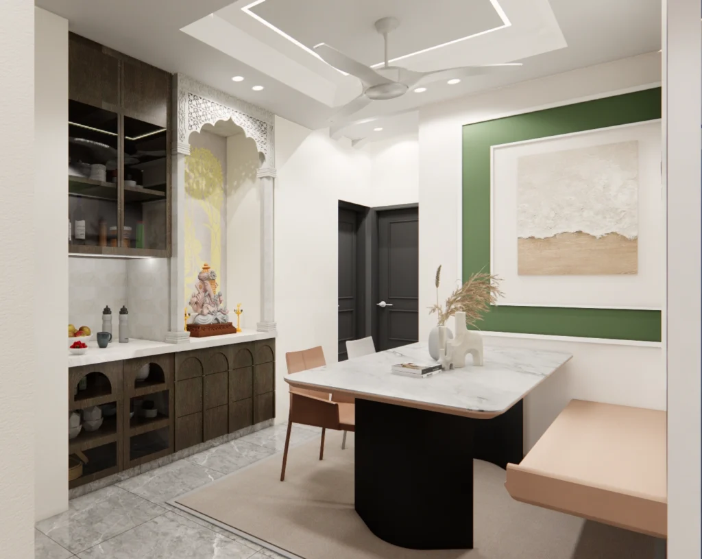 Contemporary dining space with crockery cabinet, pooja unit and accent wall showcasing premium residential home interior design