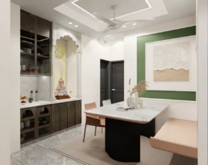 Contemporary dining space with crockery cabinet, pooja unit and accent wall showcasing premium residential home interior design