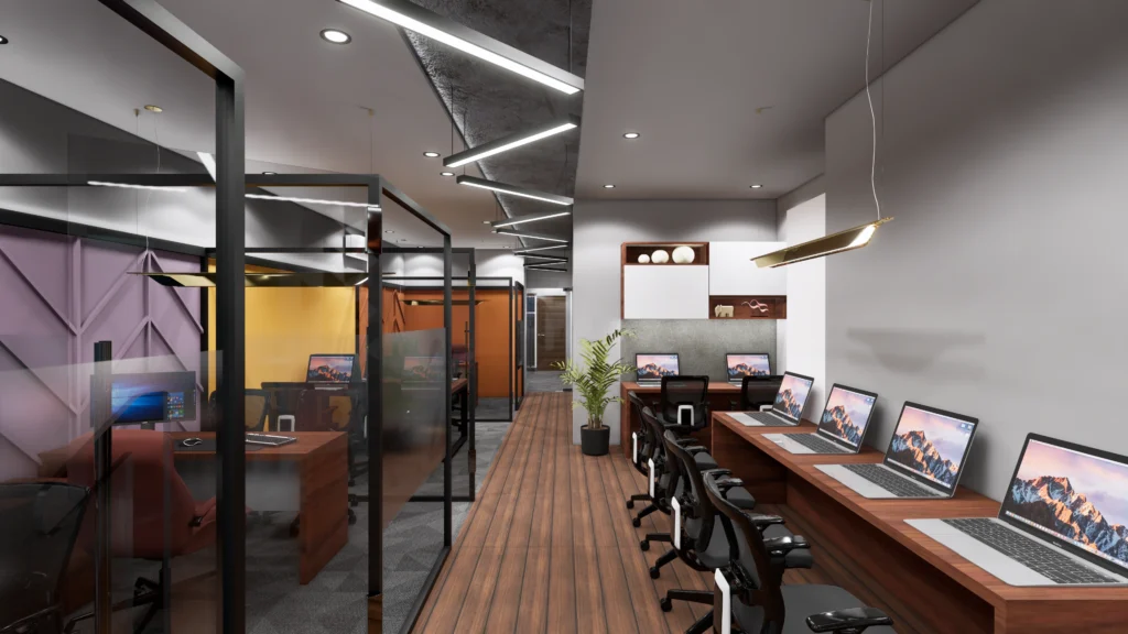 Open office workstation design with glass partitions, wooden desks, linear lights and ergonomic chairs by Amartya Architects, commercial interior experts