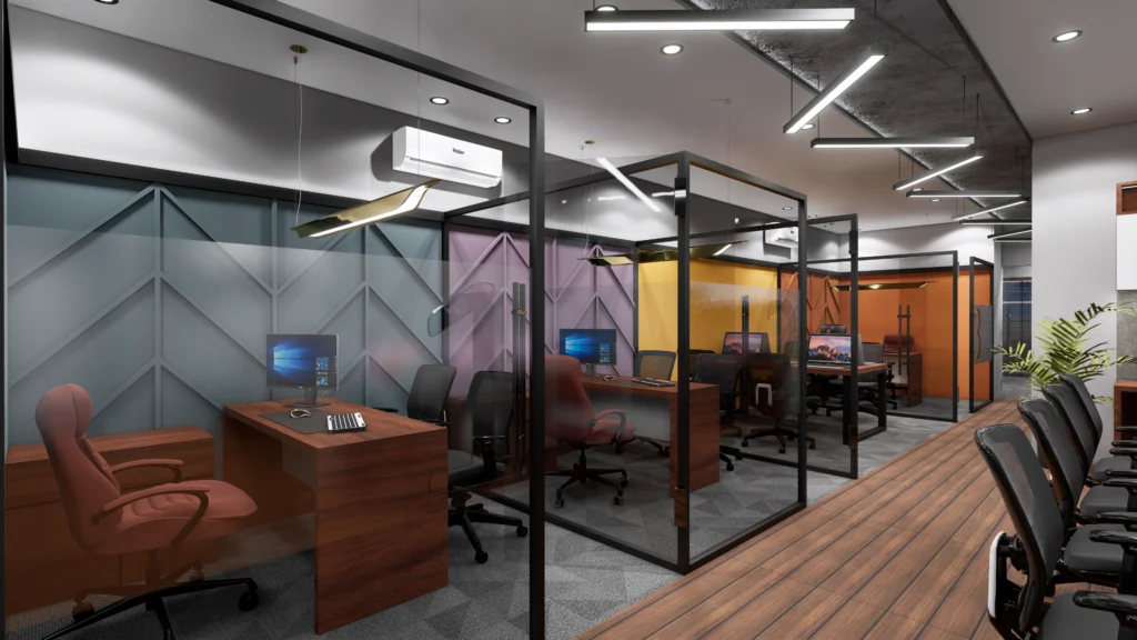 Linear office cabin layout with glass partitions, executive desks and modern lighting by Amartya Architects, commercial interior designers