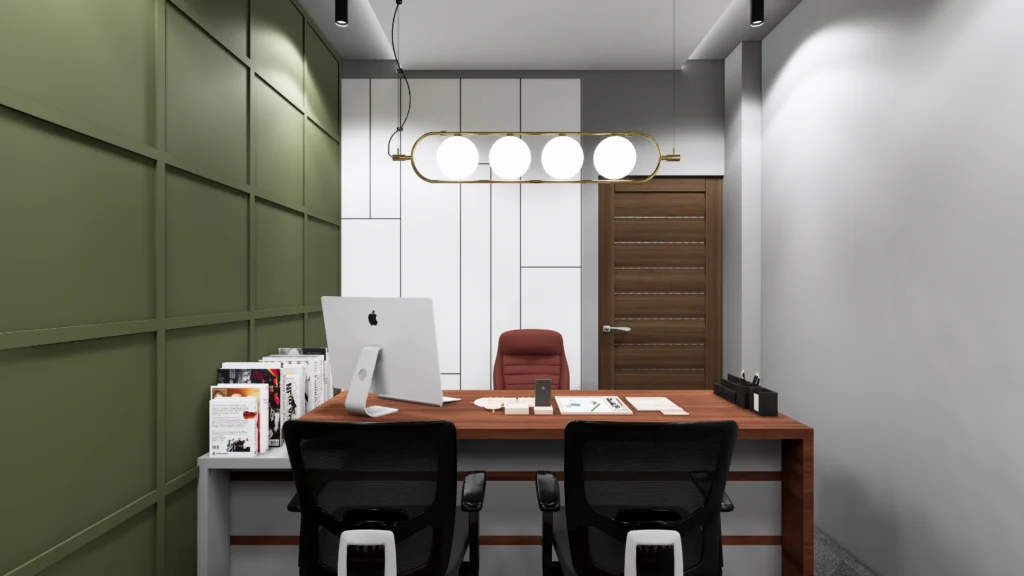 Contemporary manager office interior with green paneled wall, wooden workstation, pendant lighting and minimal decor by Amartya Architects.