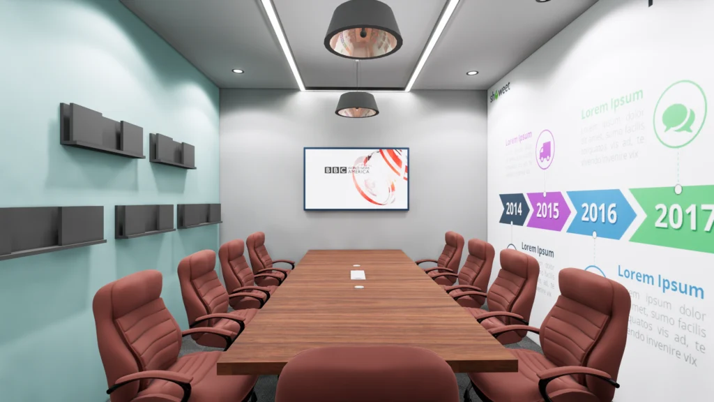 Modern conference room design with long meeting table, ergonomic chairs, wall graphics and pendant lights by Amartya Architects, Delhi NCR.