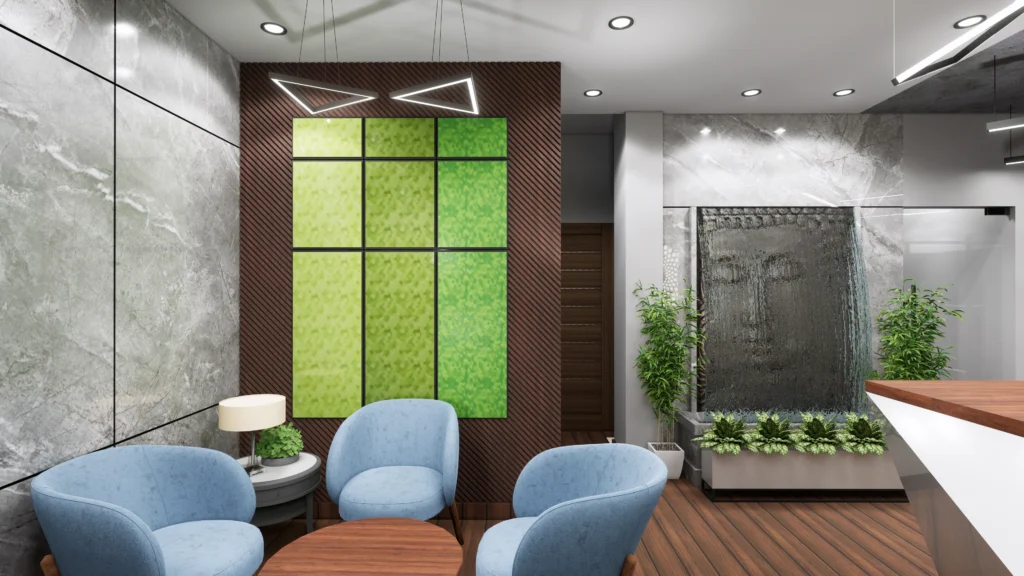 Minimal office interior visual highlighting clean ceiling lighting layout and spatial planning concept by Amartya Architects, commercial designers.