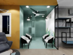 Contemporary office waiting lounge with pastel color palette, designer chairs, pendant lighting and indoor plants, designed by Amartya Architects.