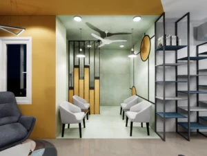 Office lounge seating area with accent wall, ceiling fan, soft lighting and decorative partitions, designed for comfort by Amartya Architects.