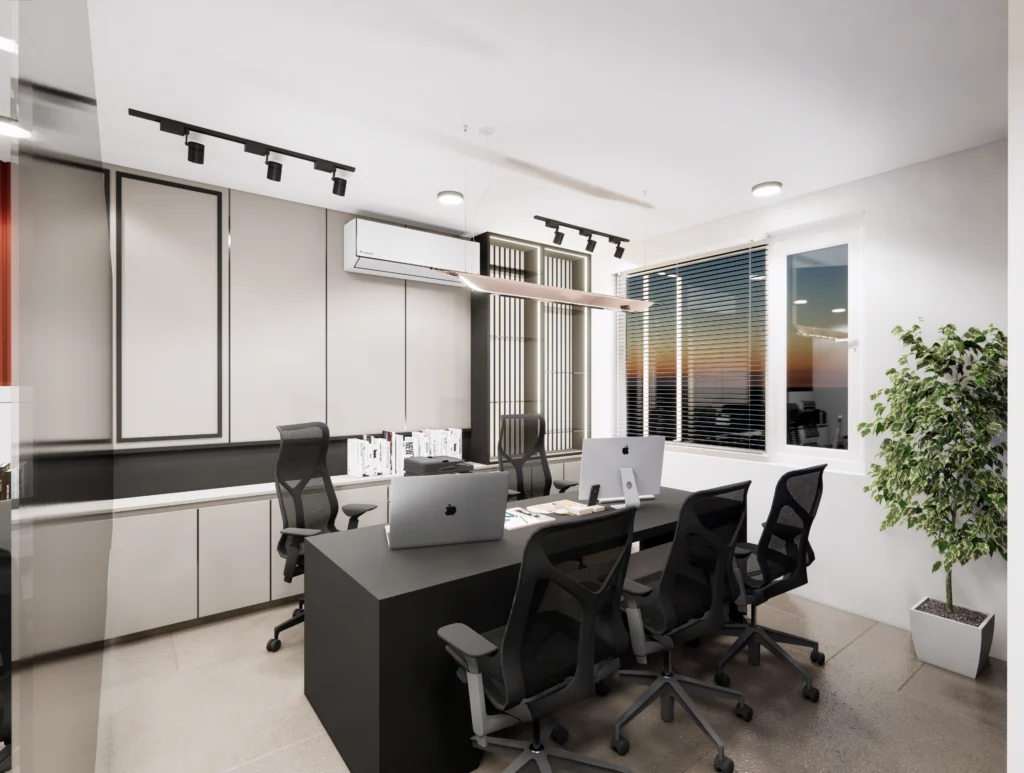 Modern meeting room with central conference table, ergonomic chairs, track lighting and window blinds, showcasing professional office interiors by Amartya Architects.