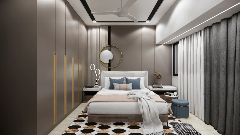 Luxury bedroom interior design by Amartya Architects with soft neutral tones, layered curtains, modern furniture and sophisticated residential interior detailing.