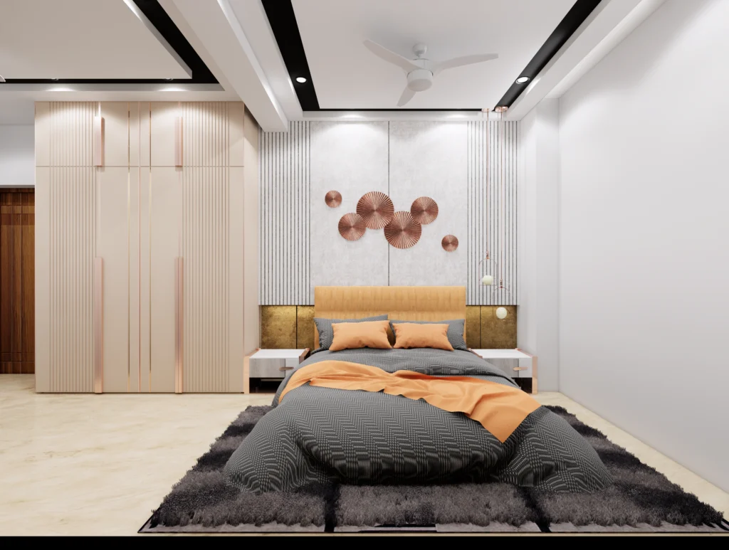 Modern bedroom interior design with upholstered bed, accent wall panels, wooden wardrobe and layered ceiling lighting, created by bedroom interior designer near me and home interior designer near me.