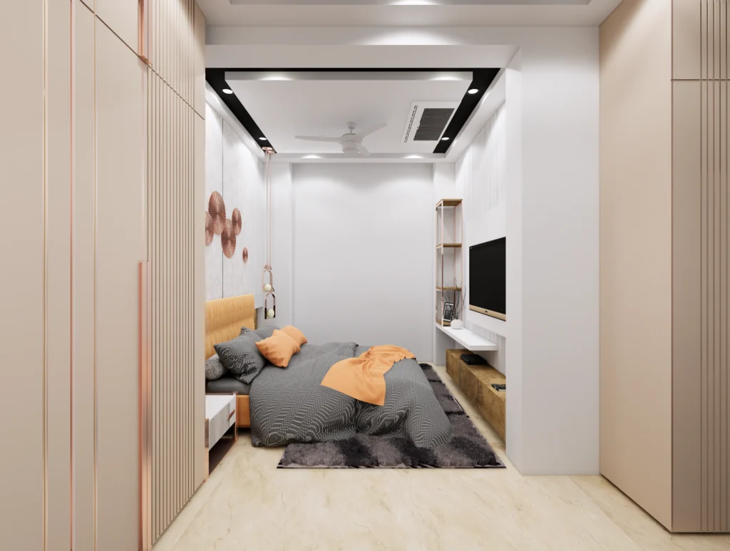 Compact modern bedroom interior with smart storage, custom wardrobe panels and minimal TV unit, designed by residential interior designers near me specialising in small space interior design.