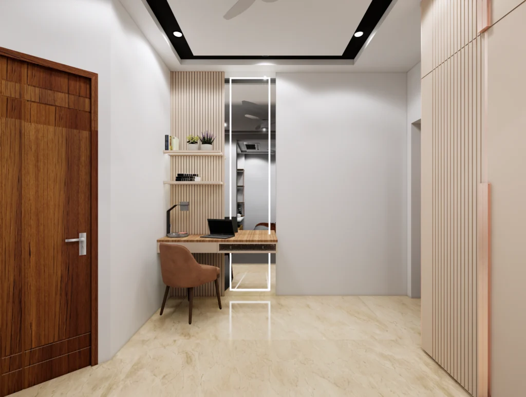 Contemporary home workspace and study area with custom desk, open shelving and modern lighting, designed by interior designers near me and interior architects near me.