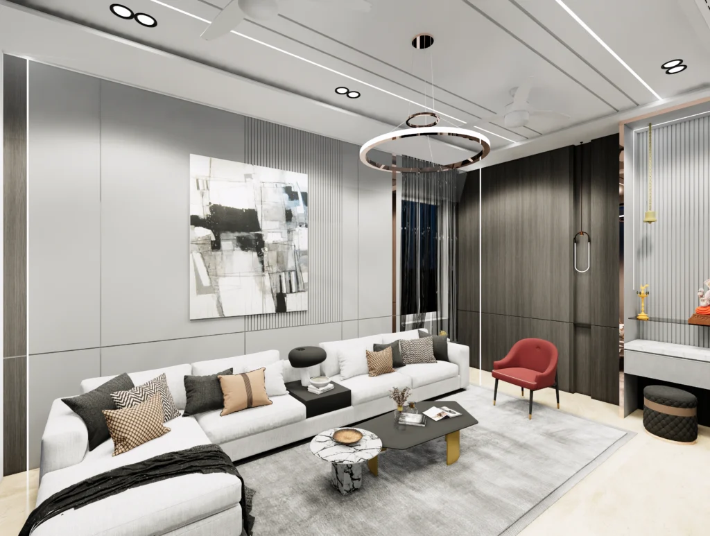 Luxury living room interior with designer sofa, marble coffee table, accent chair and architectural lighting, created by modern interior designers near me and residential interior designers near me.