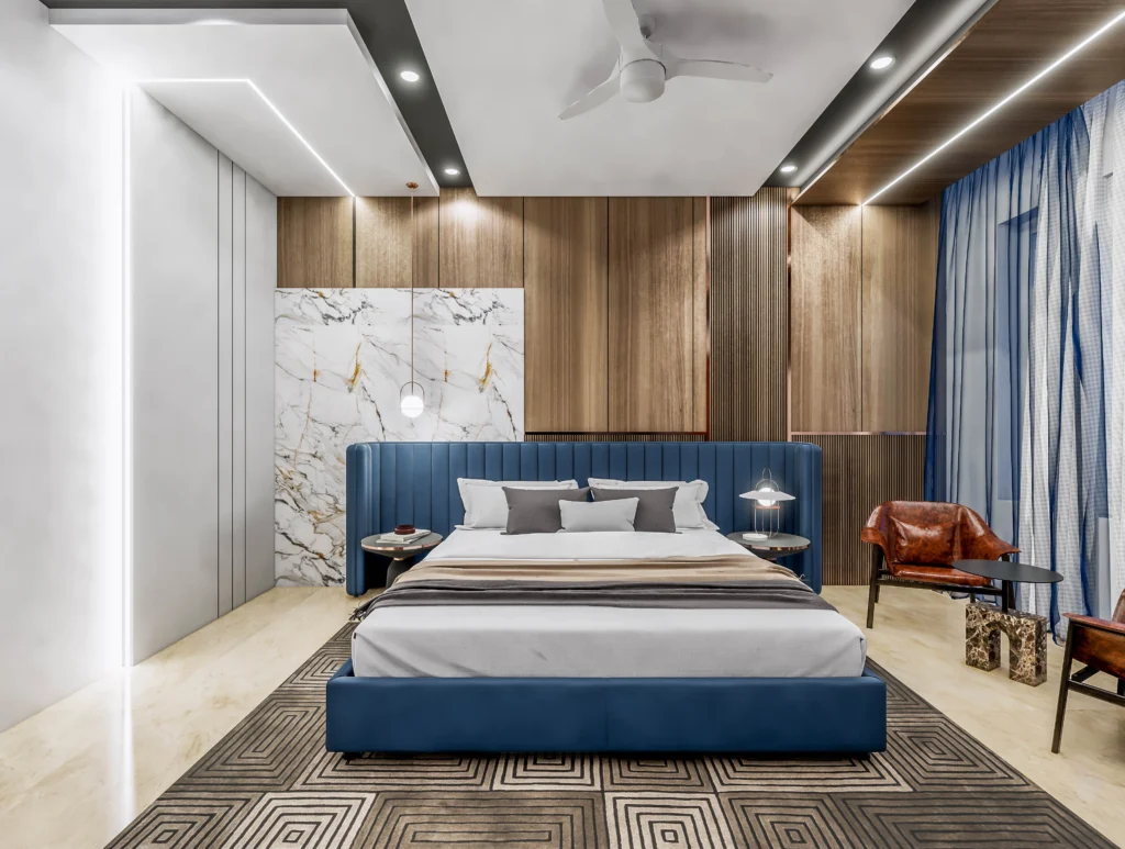Modern master bedroom interior with upholstered headboard, wooden wall panels, ambient lighting and luxury finishes, designed by luxury interior designers near me and home interior designer near me.