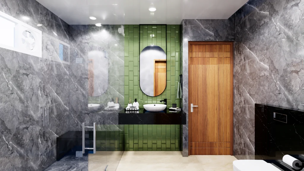 Modern bathroom interior design with marble wall tiles, green accent tiles, vanity unit and glass shower partition, designed by bathroom interior designer near me and interior design companies near me.