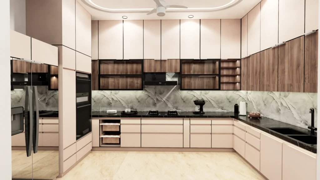 Modular kitchen interior design with handleless cabinets, marble backsplash and modern appliances, created by kitchen interior designer near me and interior design contractors near me.