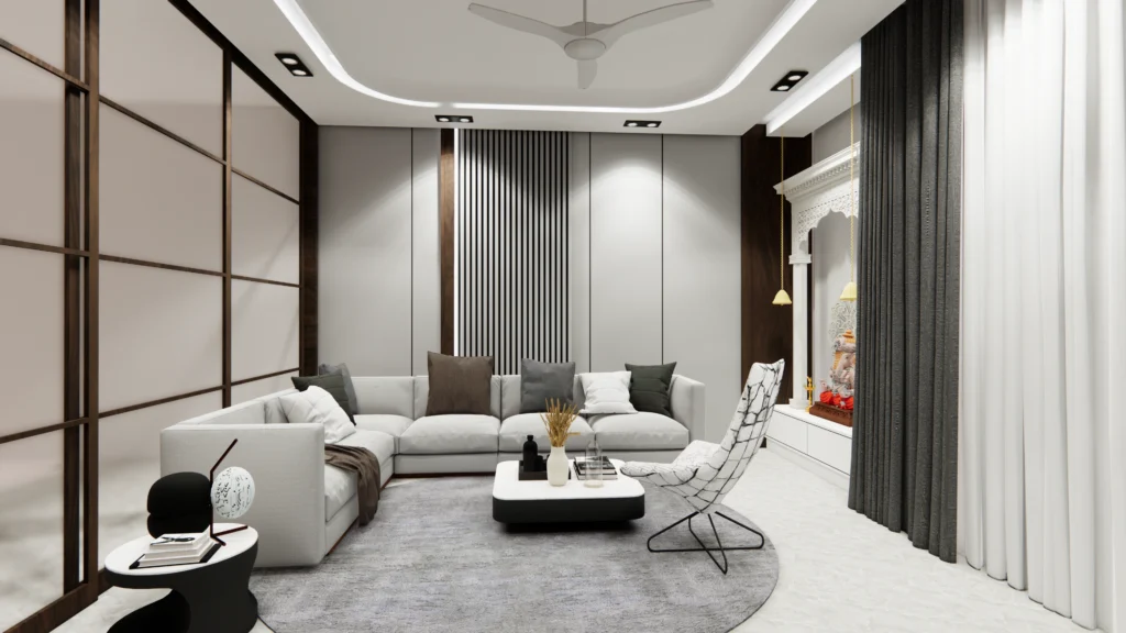 Modern living room interior design with custom mandir unit and false ceiling by Amartya Architects, residential architects near me, interior architecture near me