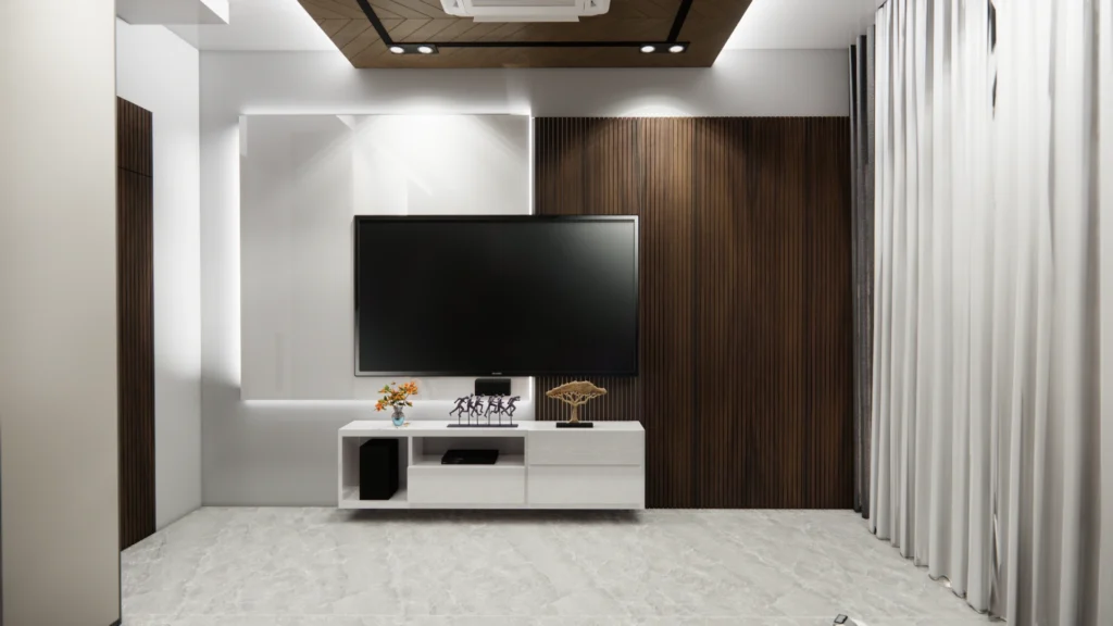 Modern living room TV unit design with wooden paneling and minimalist interiors by Amartya Architects, showcasing modern residential architects expertise