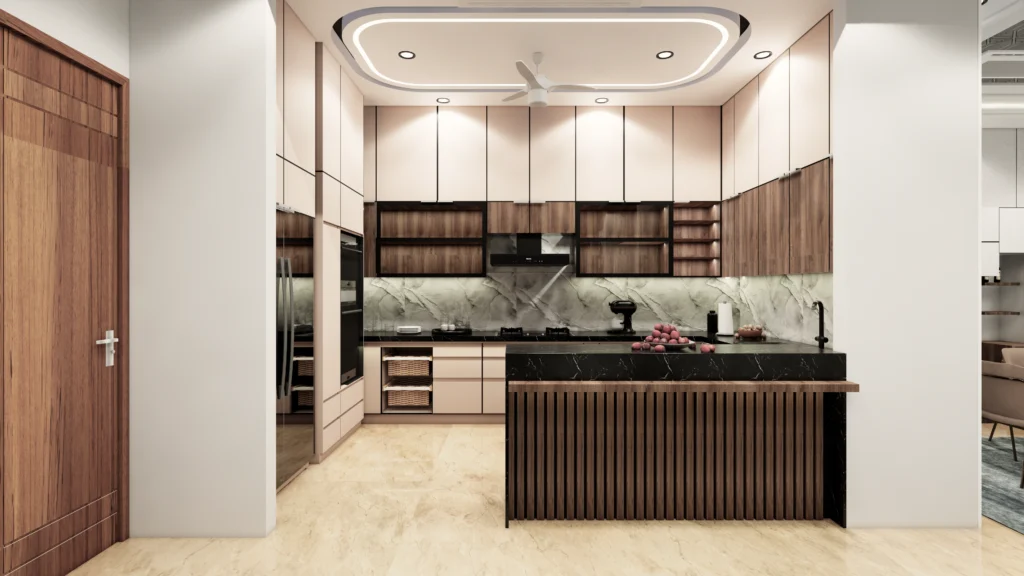 Luxury modular kitchen with island counter, wooden finishes, modern lighting and efficient layout, designed by interior designer near me for home and residential interior designers near me.