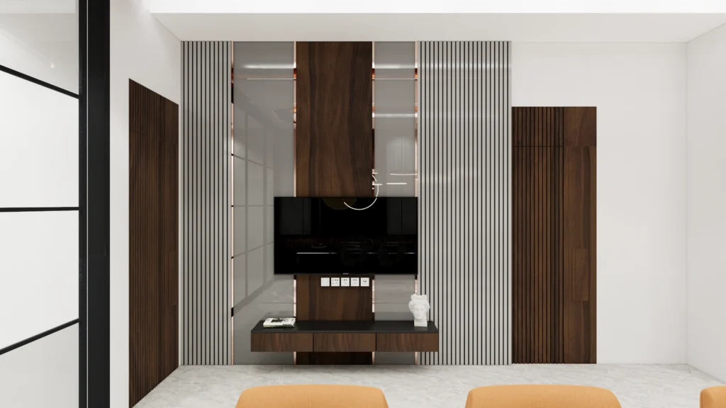 Contemporary TV wall panel and interior detailing designed by Amartya Architects, highlighting residential architects near me and modern home design