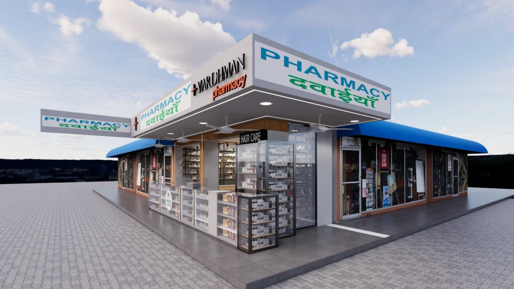 Corner pharmacy store exterior with wraparound signage, glass façade, open product displays and contemporary medical retail design