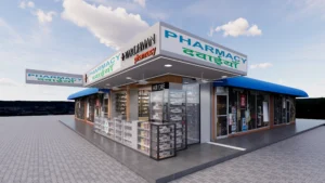 Corner pharmacy store exterior with wraparound signage, glass façade, open product displays and contemporary medical retail design