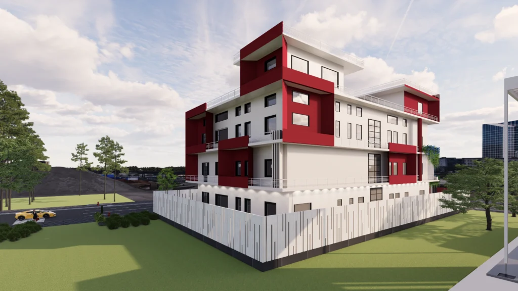 3D exterior perspective of multi-storey modern building featuring red and white facade, balcony railings and landscaped surroundings