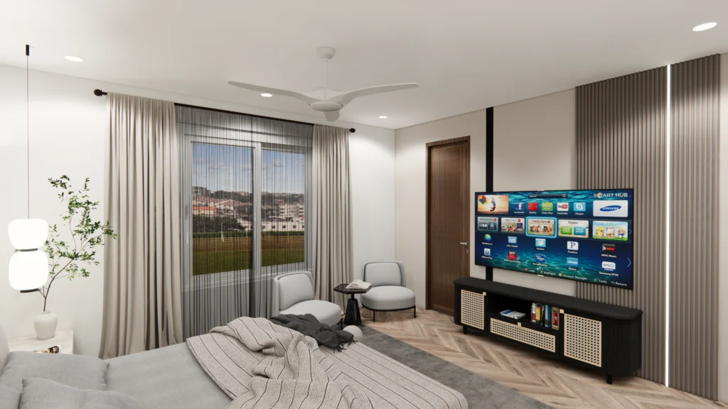 Luxury bedroom interior design by residential interior designers near me, featuring TV wall unit, seating area and premium finishes for modern homes.