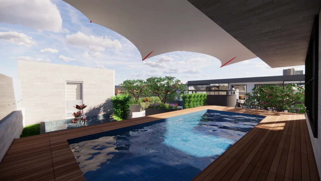 Modern rooftop swimming pool with wooden deck, tensile canopy and greenery designed by Amartya Architects, highlighting premium landscape and terrace architecture.
