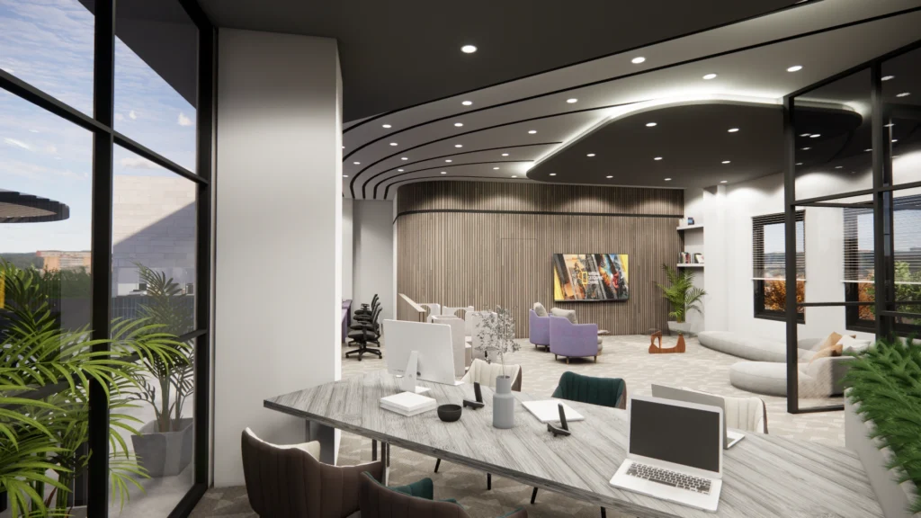 Open plan corporate office interior by Amartya Architects showcasing curved ceiling lighting, breakout lounge, modern furniture and daylight filled workspace design.