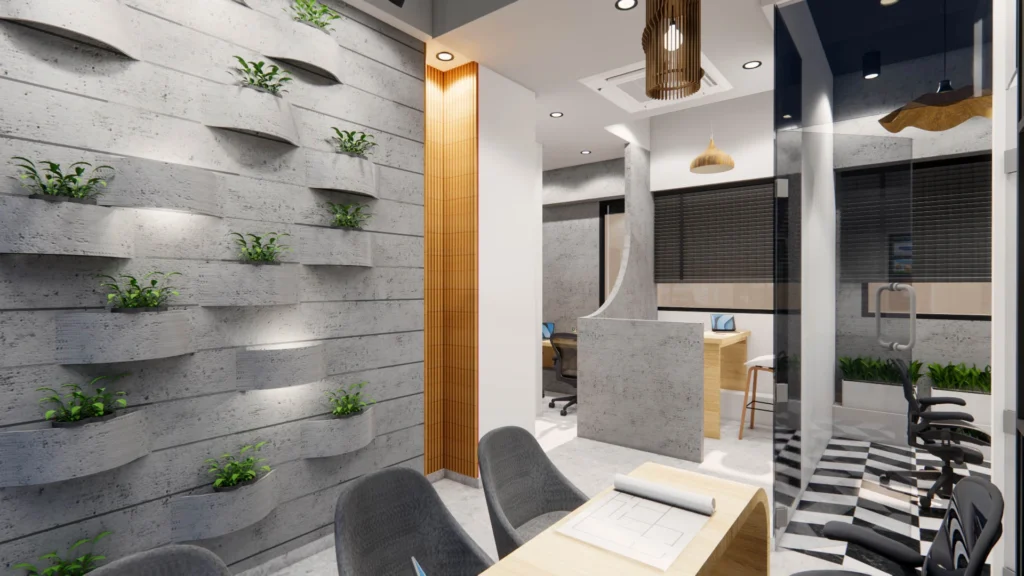 Office interior with vertical garden wall, glass partitions and warm lighting showcasing innovative commercial design by Amartya Architects | commercial architecture firms