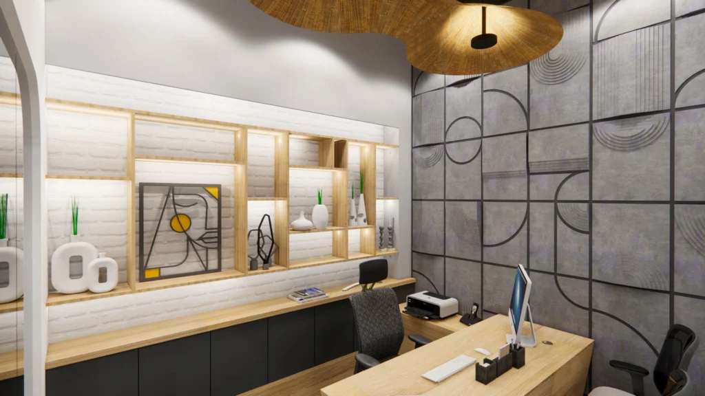 Executive office cabin with wooden shelves, textured wall panels and modern lighting designed by Amartya Architects for commercial spaces. | commercial interior architects