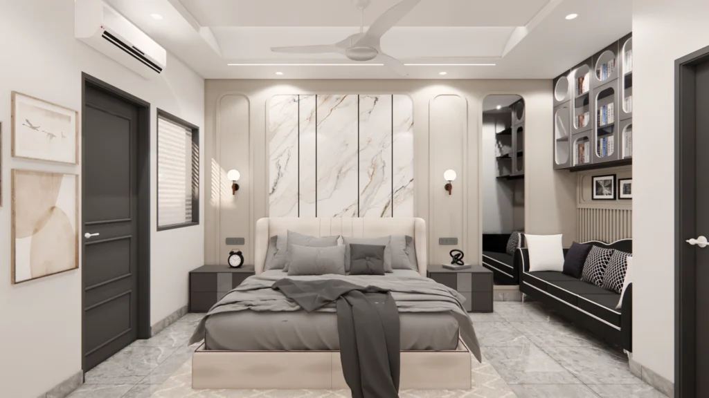 Elegant master bedroom with marble panel headboard, side tables and lounge seating designed by residential home architects