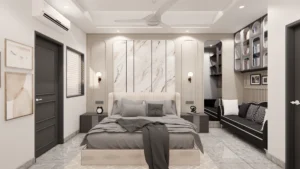 Elegant master bedroom with marble panel headboard, side tables and lounge seating designed by residential home architects