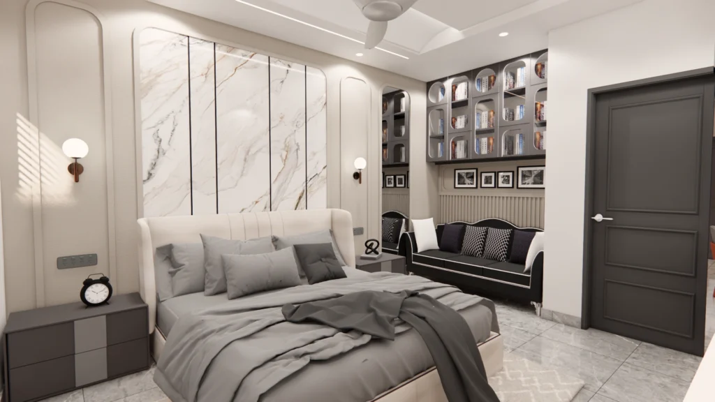 Luxury bedroom interior with upholstered bed, feature wall panels and reading sofa in modern residential interior design