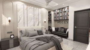 Luxury bedroom interior with upholstered bed, feature wall panels and reading sofa in modern residential interior design