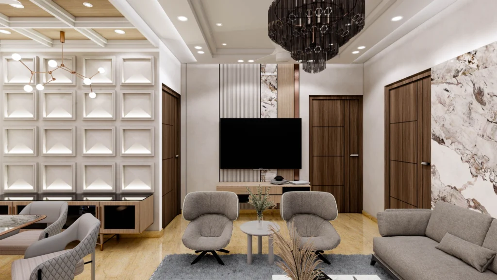 Spacious living area with sectional sofa, marble accents and warm lighting, contemporary interior by Amartya Architects.