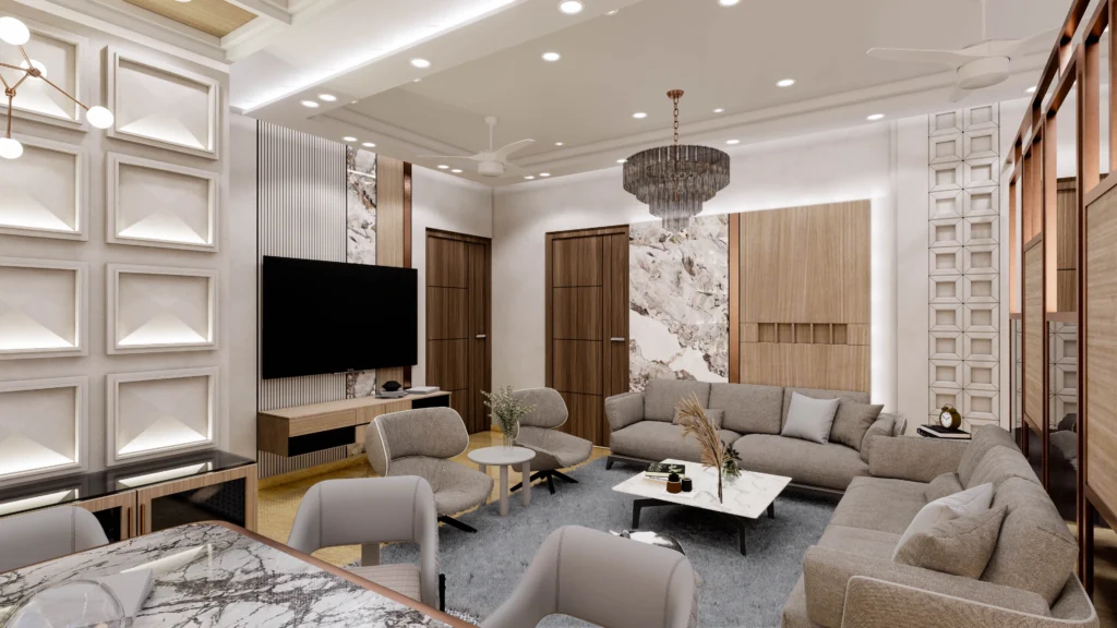 Spacious living area with sectional sofa, marble accents and warm lighting, contemporary interior by Amartya Architects.