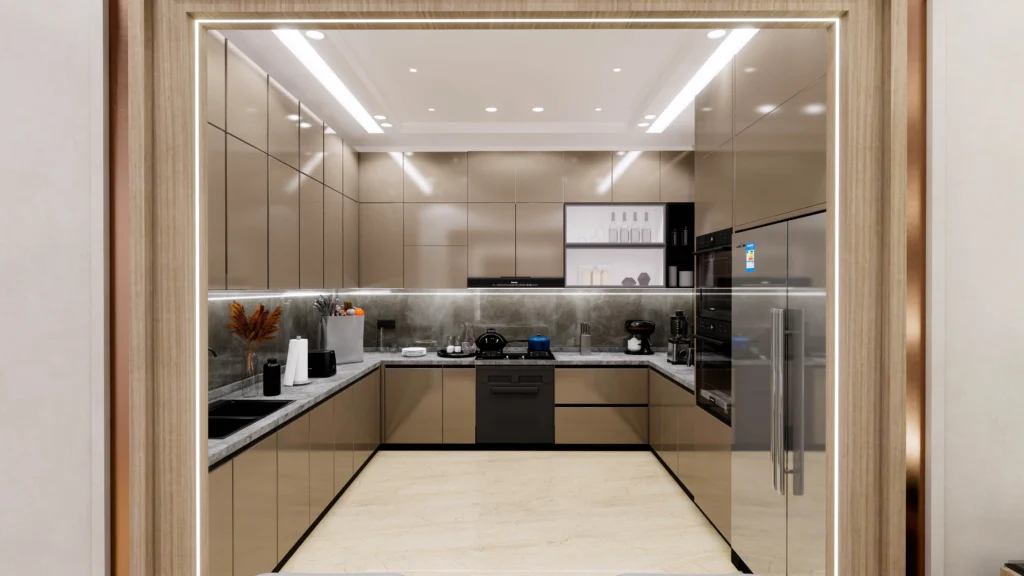 Modular kitchen design with glossy cabinets, built-in appliances and ambient lighting, modern layout by Amartya Architects.