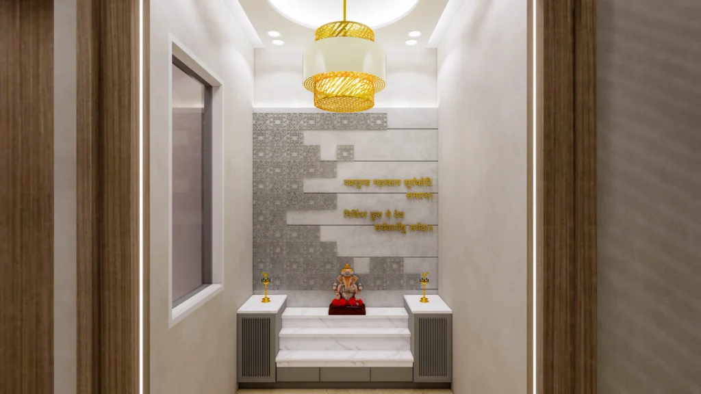 Serene home mandir design with marble steps, soft lighting and spiritual detailing, peaceful space by Amartya Architects.