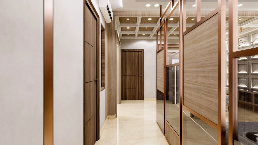 Modern residential corridor interior with wooden panel partitions, soft ceiling lighting and polished flooring by Amartya Architects.
