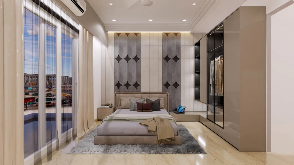 Modern bedroom interior with upholstered bed, patterned accent wall, walk-in wardrobe and soft lighting, elegant home design by Amartya Architects.