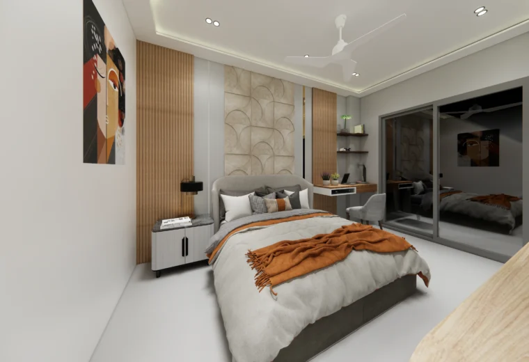 Contemporary bedroom interior by Amartya Architects with upholstered bed, wooden wall panels, balcony sliding doors, and warm ceiling lighting.
